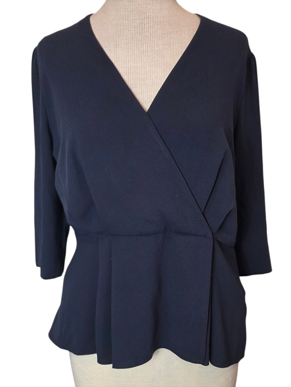MM Lafleur Wrap Peplum Top Size M Navy V-neck Corporate Office Business Casual